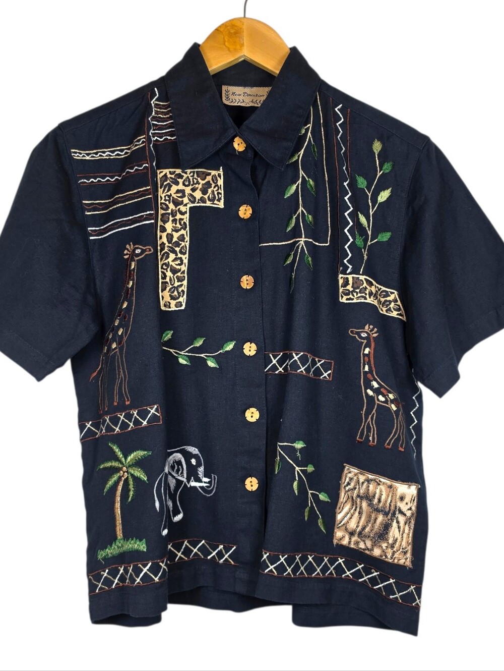 New Direction Linen Blend Safari Shirt Sz S Leopard Elephant Embroidered Teacher